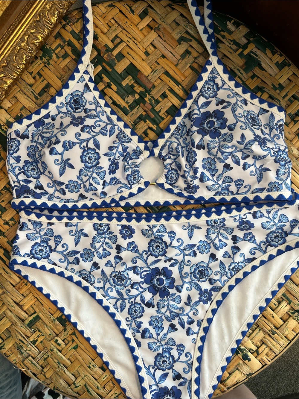 Blue and White Floral Two-Piece Swimsuit